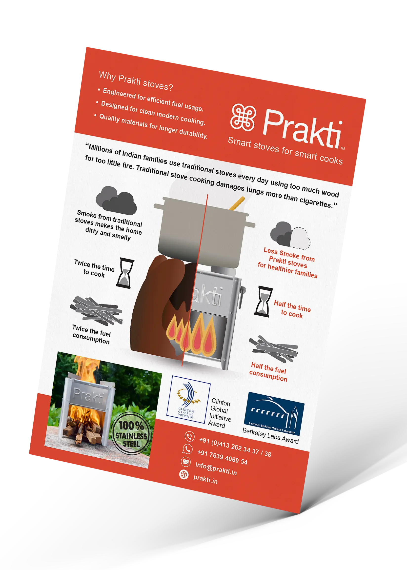 Brochure explicative pour un poêle de cuisson au bois ultra-économe, destinée aux revendeurs et clients potentiels, pour rendre accessible et désirable une technologie sobre et ingénieuse.