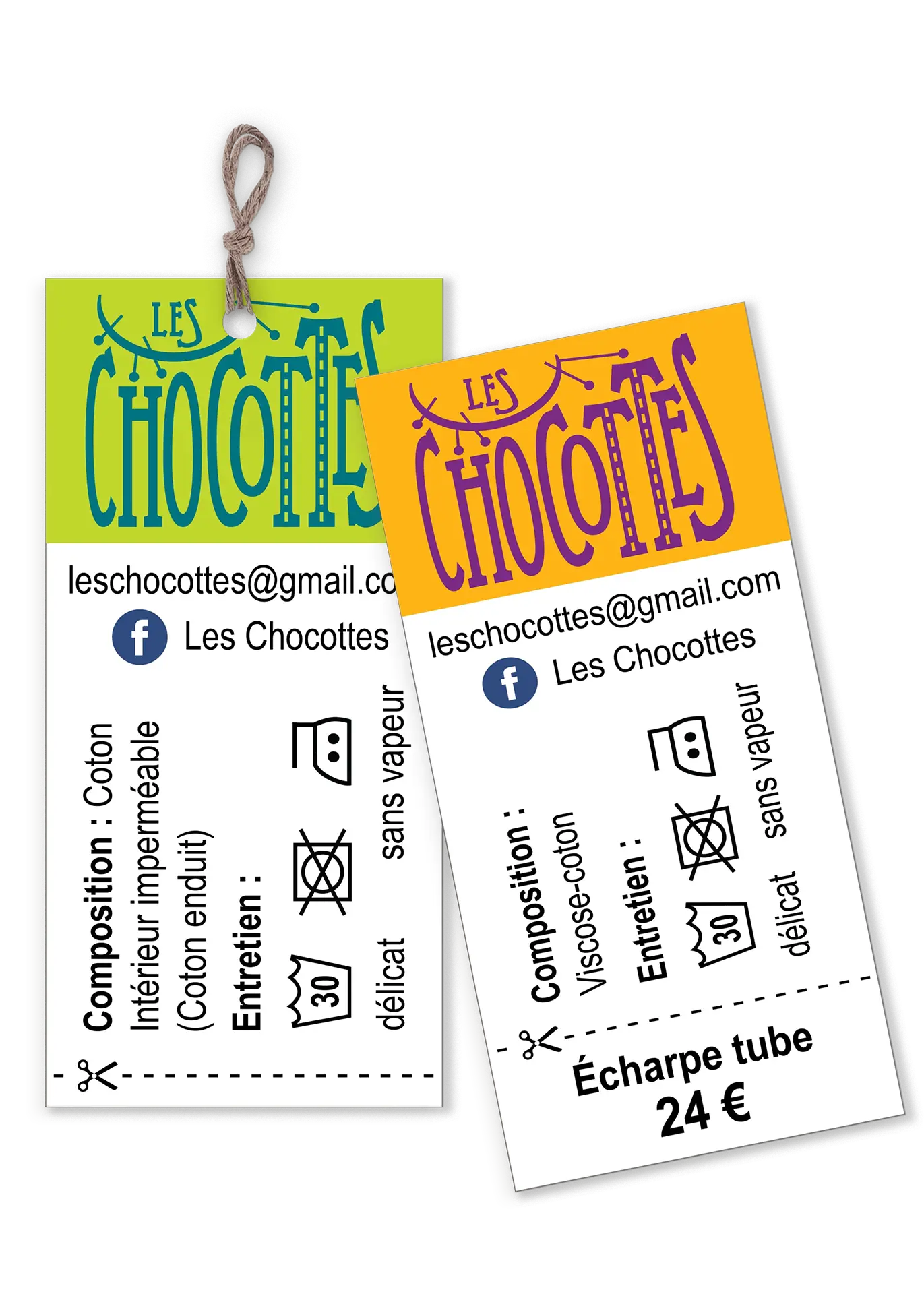 Étiquettes produits pour une marque artisanale d'accessoires et vêtements enfants en tissu, avec un esprit ludique et vintage qui reflète le soin apporté à chaque pièce cousue à la main.